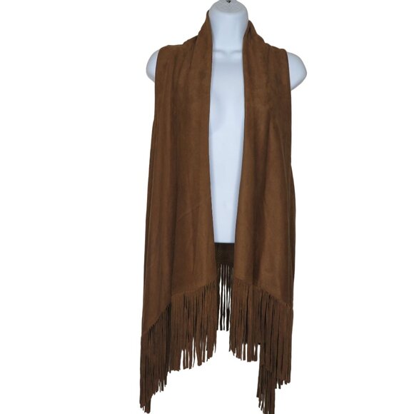 Womens Brown Faux Suede Fringe Open Front Vest M Festival Boho Costume - Picture 8 of 11